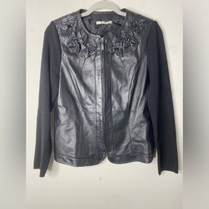 Peter Nygard women’s Faux leather black jacket w/floral design zip up